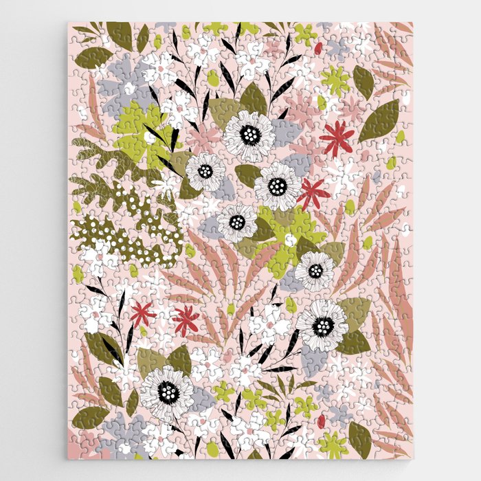 Maximalist Boho Floral Pattern 2. Olive & Blush Jigsaw Puzzle Gallery Image 1