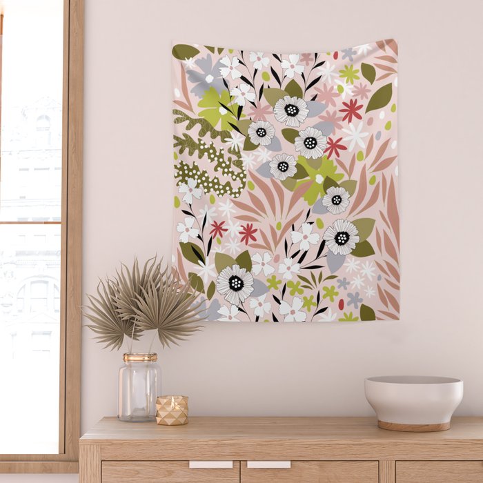 Maximalist Boho Floral Pattern 2. Olive & Blush Wall Tapestry Gallery Image 2