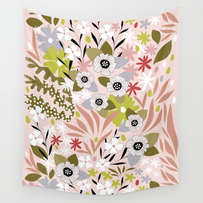 Maximalist Boho Floral Pattern 2. Olive & Blush Wall Tapestry Gallery Image 4