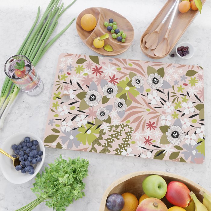 Maximalist Boho Floral Pattern 2. Olive & Blush Cutting Board Gallery Image 2
