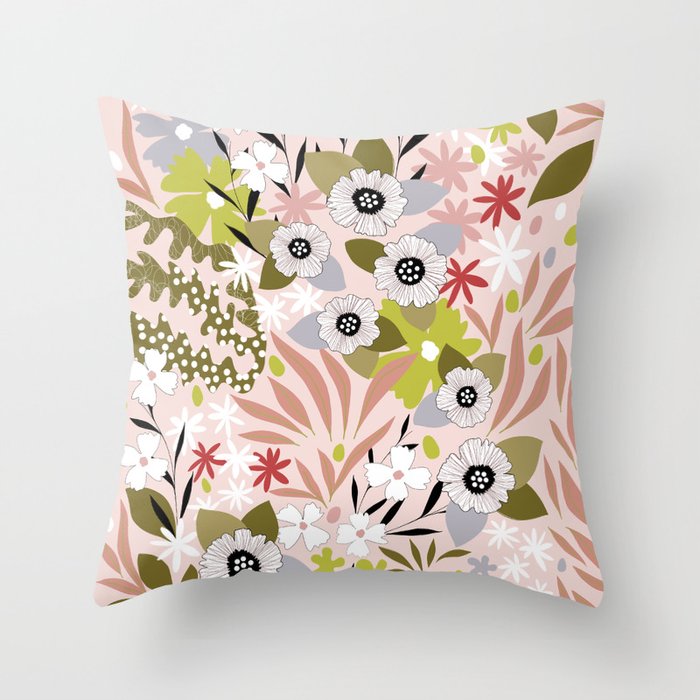 Maximalist Boho Floral Pattern 2. Olive & Blush Throw Pillow Gallery Image 1
