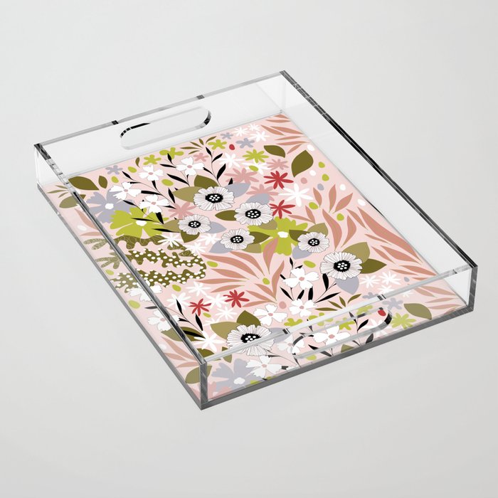 Maximalist Boho Floral Pattern 2. Olive & Blush Acrylic Tray Gallery Image 1