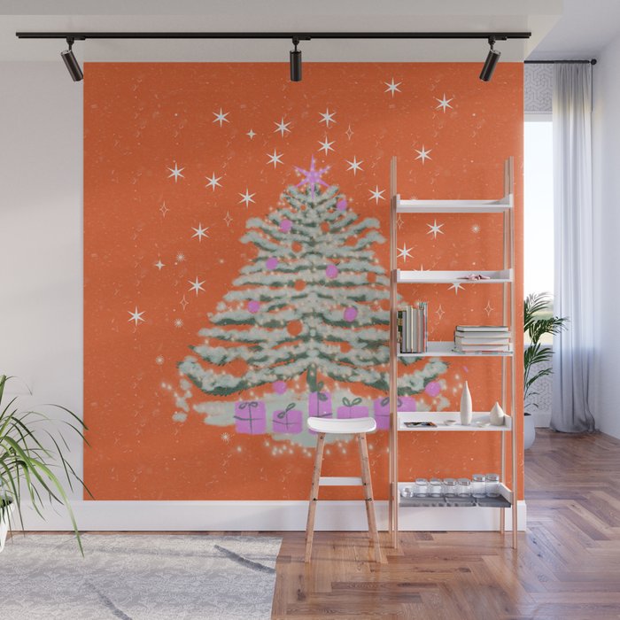 Seasons Greetings Snowy Christmas Tree with Presents Wall Mural Gallery Image 1