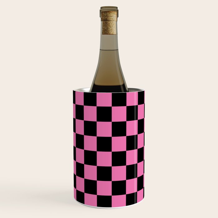 Checkered Checked Check Retro Pattern in Hot Pink and Black Wine Chiller Gallery Image 2