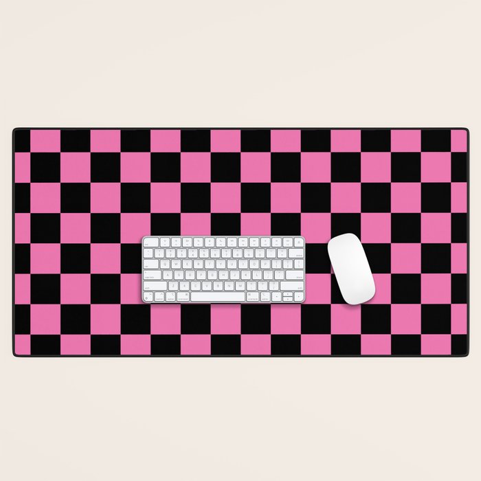 Checkered Checked Check Retro Pattern in Hot Pink and Black Desk Mat Gallery Image 1