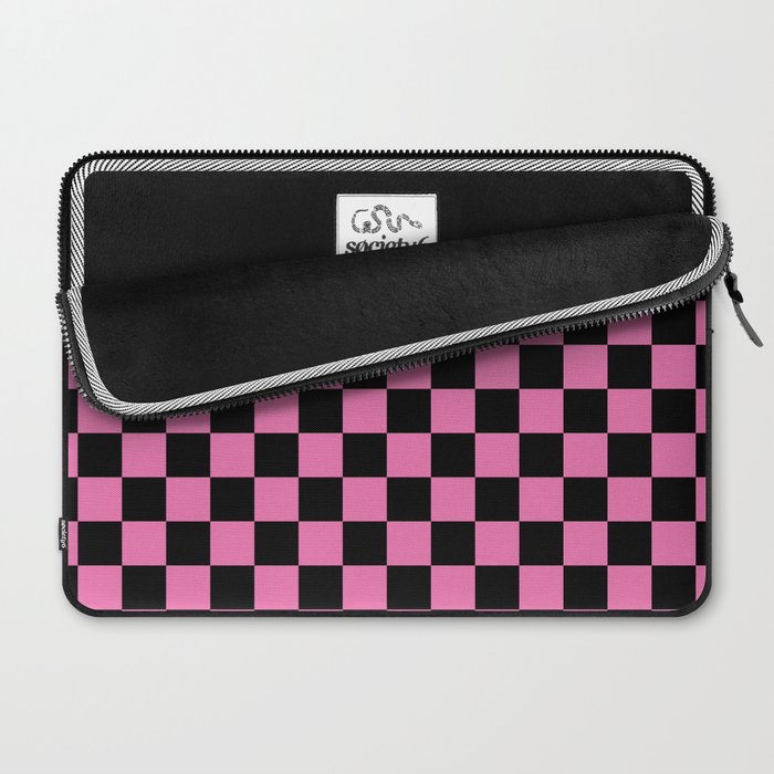 Checkered Checked Check Retro Pattern in Hot Pink and Black Laptop Sleeve Gallery Image 2
