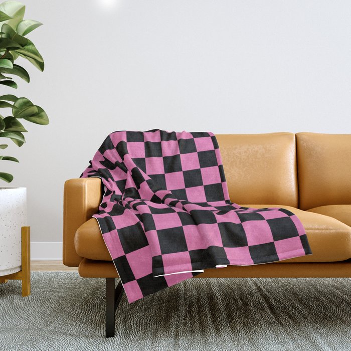 Checkered Checked Check Retro Pattern in Hot Pink and Black Throw Blanket Gallery Image 1