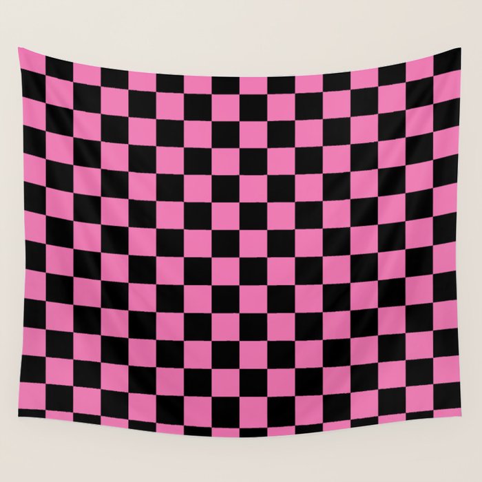 Checkered Checked Check Retro Pattern in Hot Pink and Black Wall Tapestry Gallery Image 1