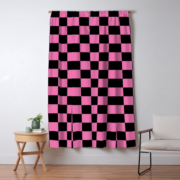 Checkered Checked Check Retro Pattern in Hot Pink and Black Window Curtain Gallery Image 5