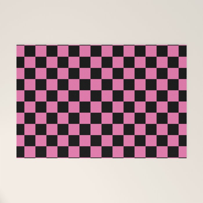 Checkered Checked Check Retro Pattern in Hot Pink and Black Welcome Mat Gallery Image 1