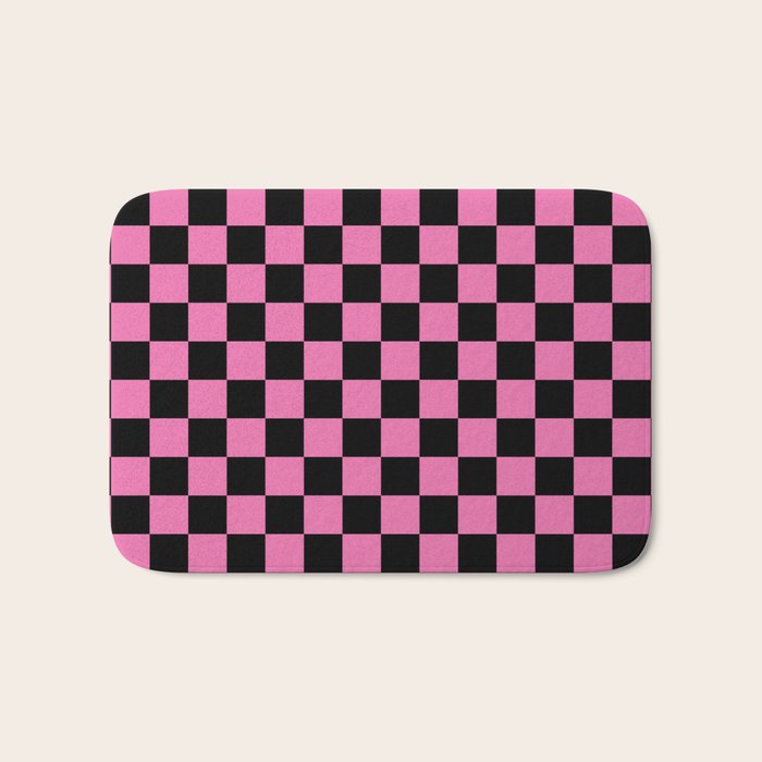 Checkered Checked Check Retro Pattern in Hot Pink and Black Bath Mat Gallery Image 1