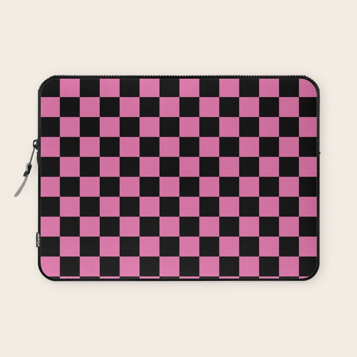 Checkered Checked Check Retro Pattern in Hot Pink and Black Laptop Sleeve Gallery Image 1
