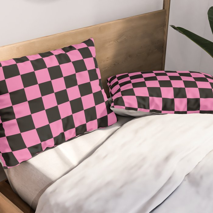 Checkered Checked Check Retro Pattern in Hot Pink and Black Pillow Sham Gallery Image 2