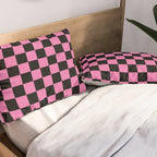 Checkered Checked Check Retro Pattern in Hot Pink and Black Pillow Sham Gallery Image 2