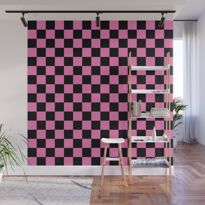 Checkered Checked Check Retro Pattern in Hot Pink and Black Wall Mural Gallery Image 1