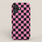 Checkered Checked Check Retro Pattern in Hot Pink and Black iPhone Case Gallery Image 1
