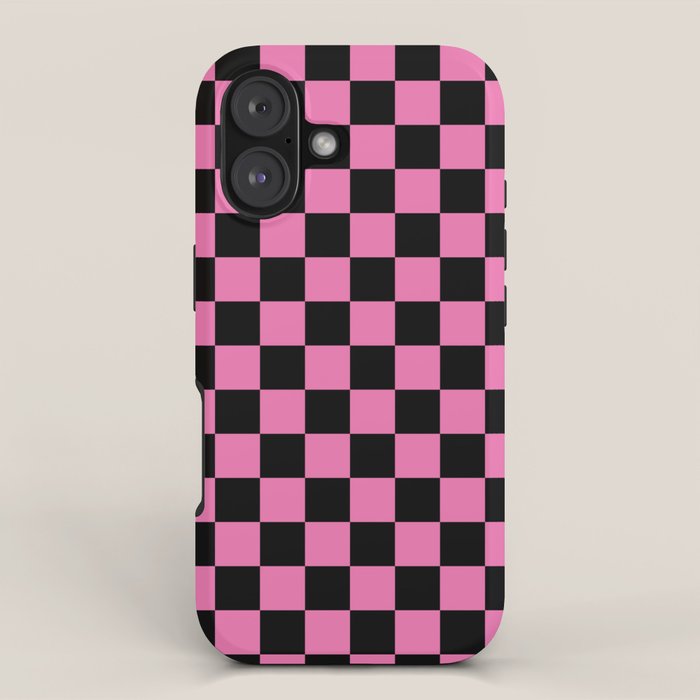 Checkered Checked Check Retro Pattern in Hot Pink and Black iPhone Case Gallery Image 1