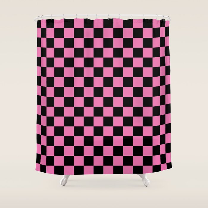 Checkered Checked Check Retro Pattern in Hot Pink and Black Shower Curtain Gallery Image 1