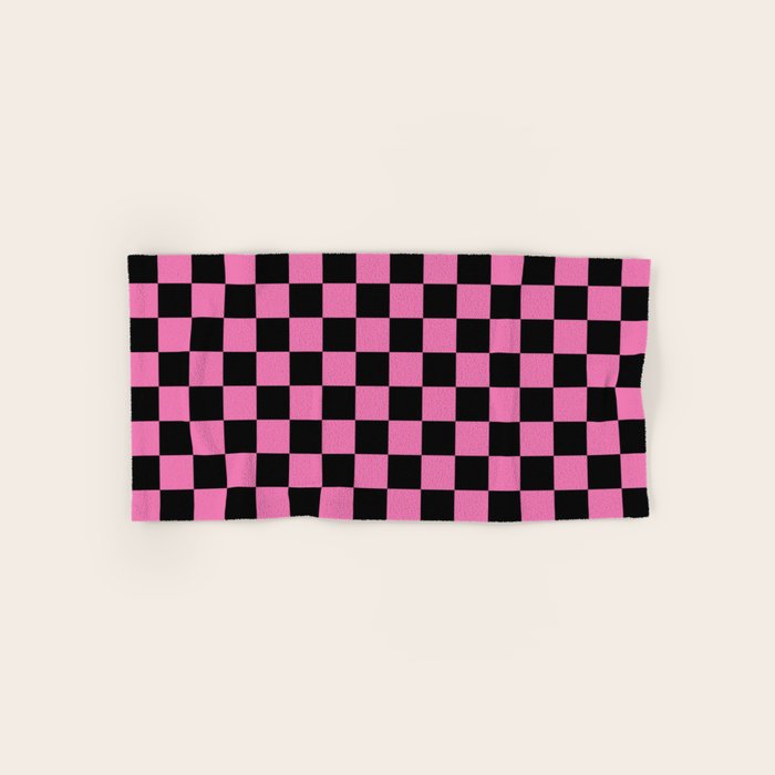 Checkered Checked Check Retro Pattern in Hot Pink and Black Bath Towel Gallery Image 1