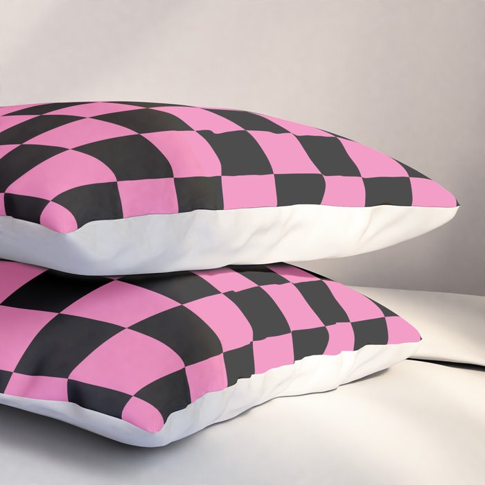 Checkered Checked Check Retro Pattern in Hot Pink and Black Pillow Sham Gallery Image 3