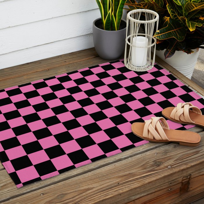 Checkered Checked Check Retro Pattern in Hot Pink and Black Outdoor Rug Gallery Image 2