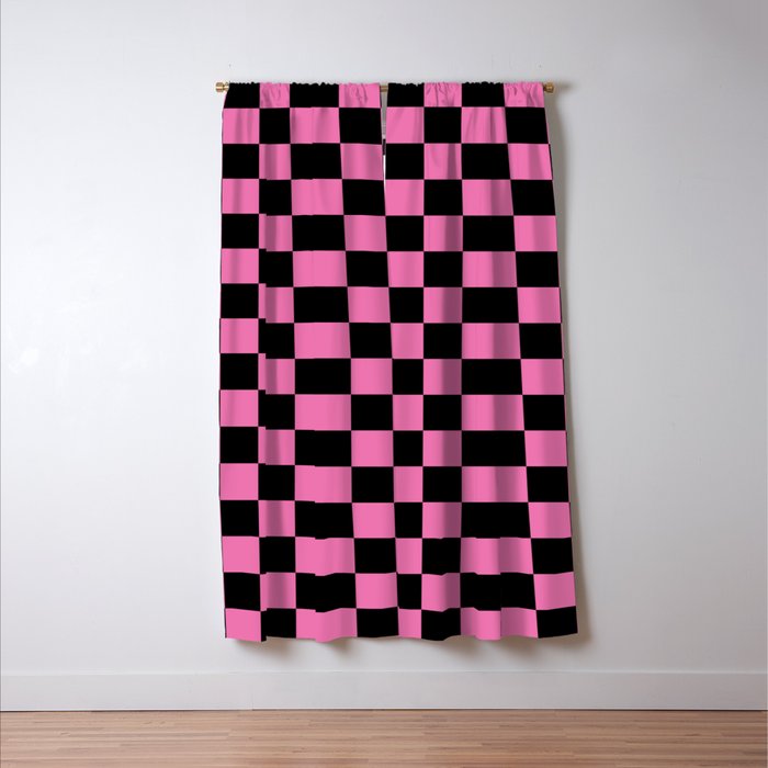 Checkered Checked Check Retro Pattern in Hot Pink and Black Window Curtain Gallery Image 3