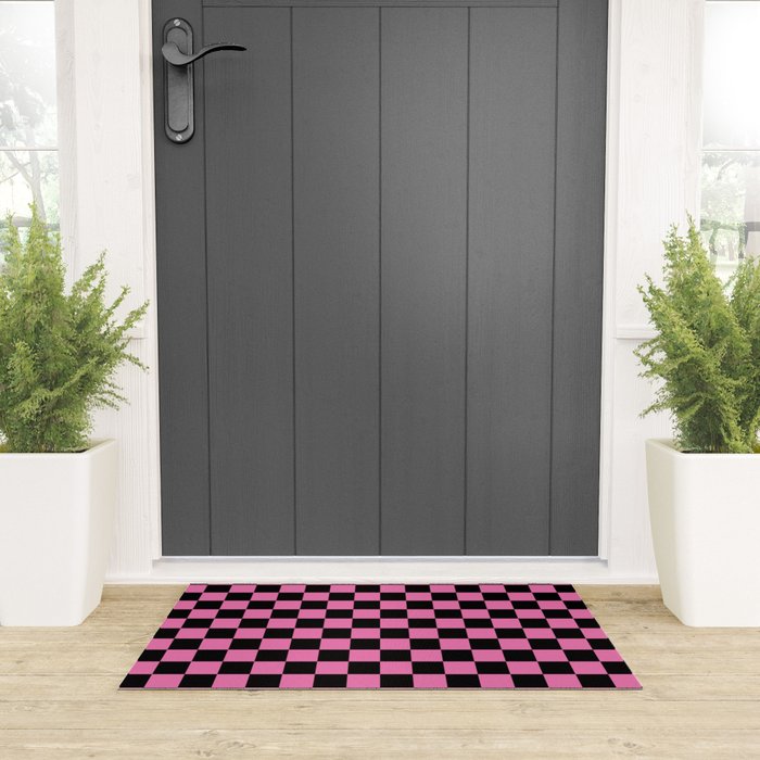 Checkered Checked Check Retro Pattern in Hot Pink and Black Welcome Mat Gallery Image 3