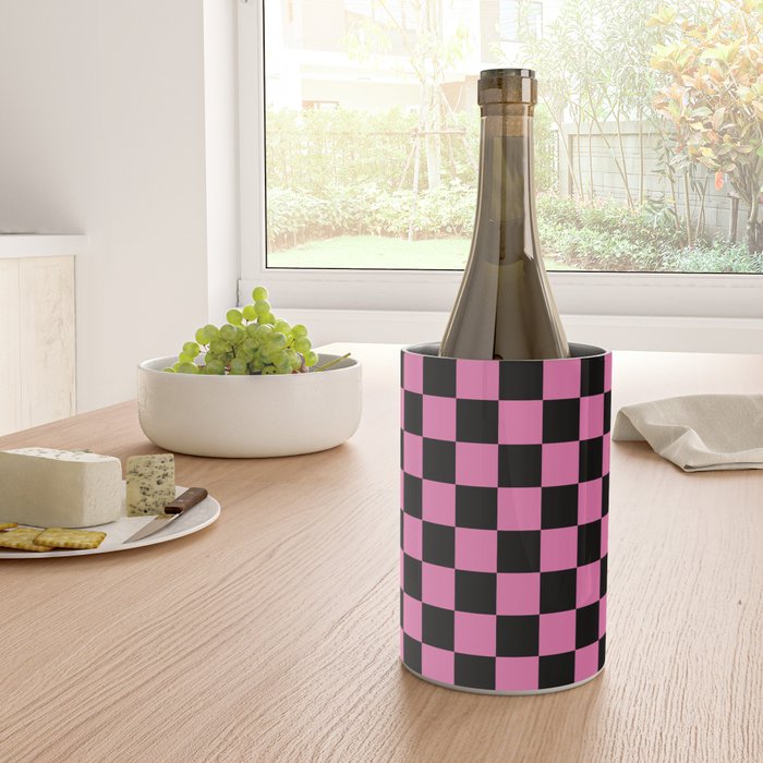 Checkered Checked Check Retro Pattern in Hot Pink and Black Wine Chiller Gallery Image 4