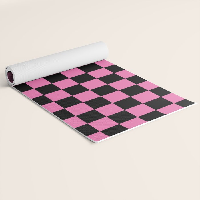 Checkered Checked Check Retro Pattern in Hot Pink and Black Yoga Mat Gallery Image 2