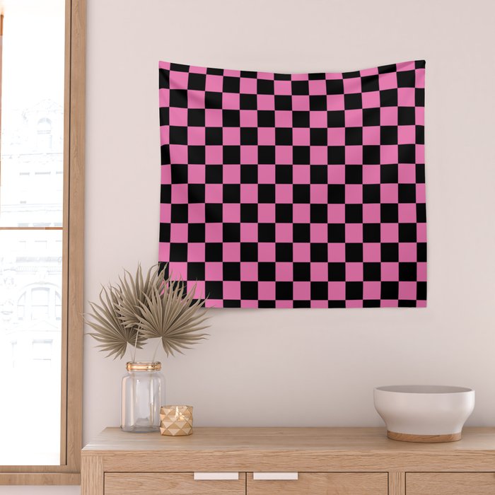Checkered Checked Check Retro Pattern in Hot Pink and Black Wall Tapestry Gallery Image 2