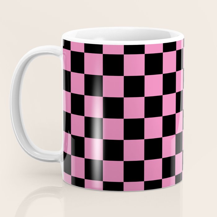 Checkered Checked Check Retro Pattern in Hot Pink and Black Coffee Mug Gallery Image 3