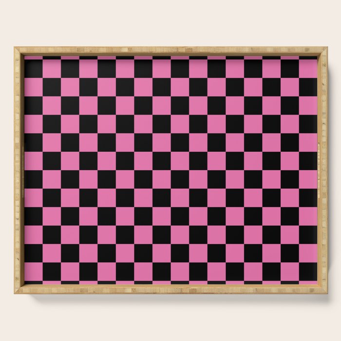Checkered Checked Check Retro Pattern in Hot Pink and Black Serving Tray Gallery Image 1