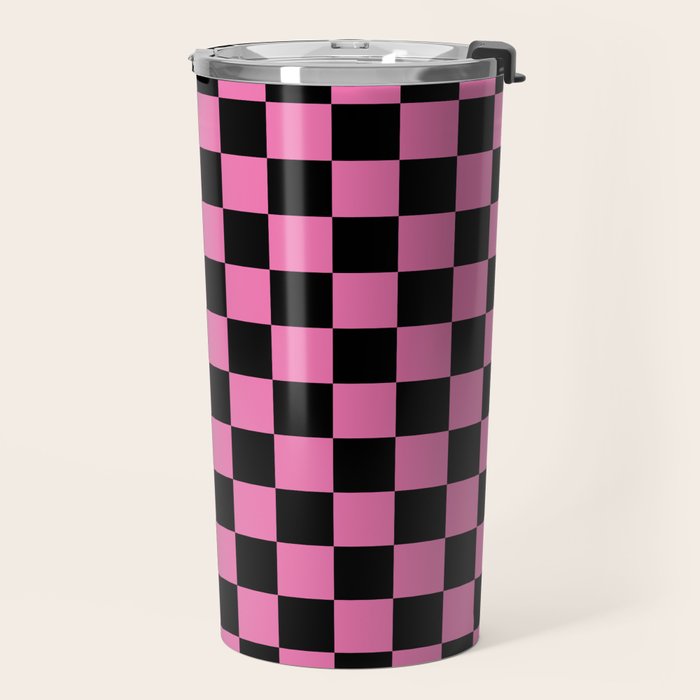 Checkered Checked Check Retro Pattern in Hot Pink and Black Travel Mug Gallery Image 2