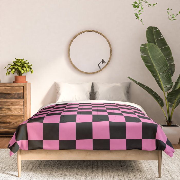 Checkered Checked Check Retro Pattern in Hot Pink and Black Comforter Gallery Image 3