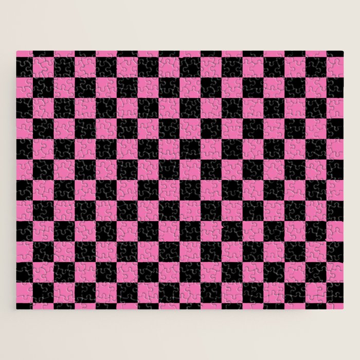 Checkered Checked Check Retro Pattern in Hot Pink and Black Jigsaw Puzzle Gallery Image 1