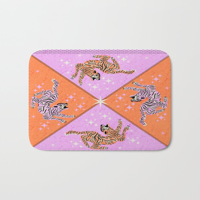 Retro vintage flying tiger geometric illustration in pink and orange background  Bath Mat Gallery Image 1
