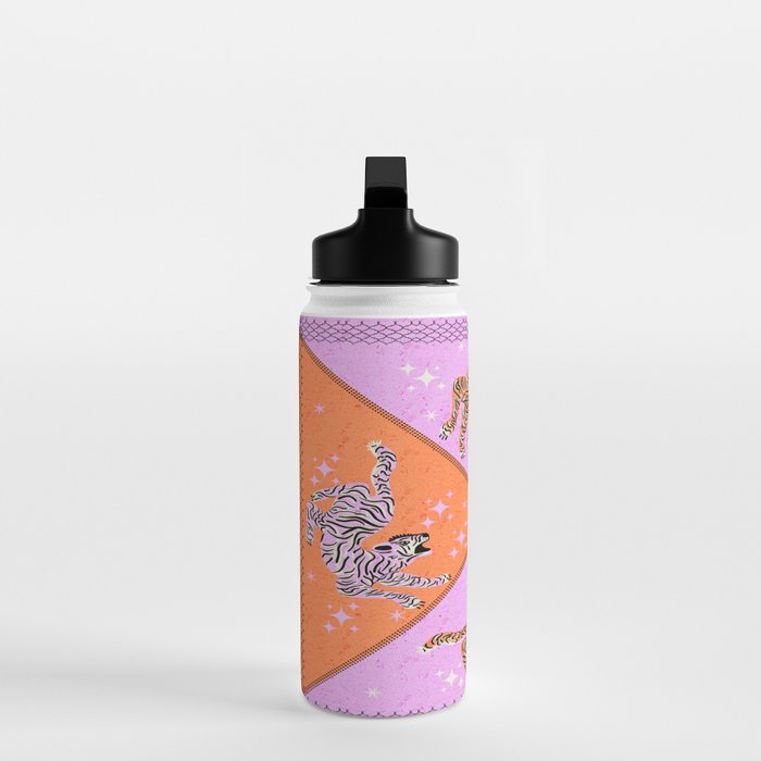 Retro vintage flying tiger geometric illustration in pink and orange background  Water Bottle Gallery Image 3
