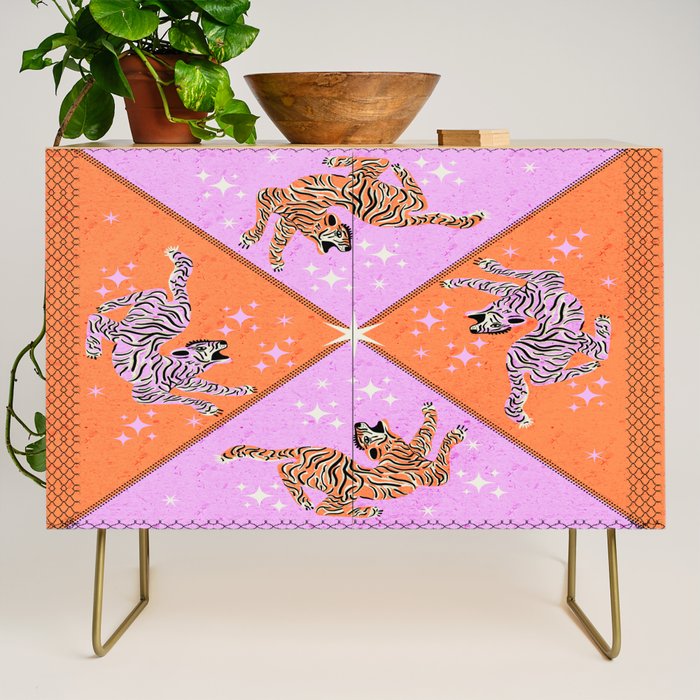 Retro vintage flying tiger geometric illustration in pink and orange background  Credenza Gallery Image 1