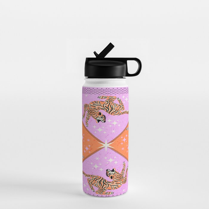 Retro vintage flying tiger geometric illustration in pink and orange background  Water Bottle Gallery Image 1