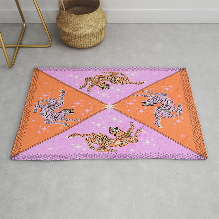 Retro vintage flying tiger geometric illustration in pink and orange background  Rug Gallery Image 1