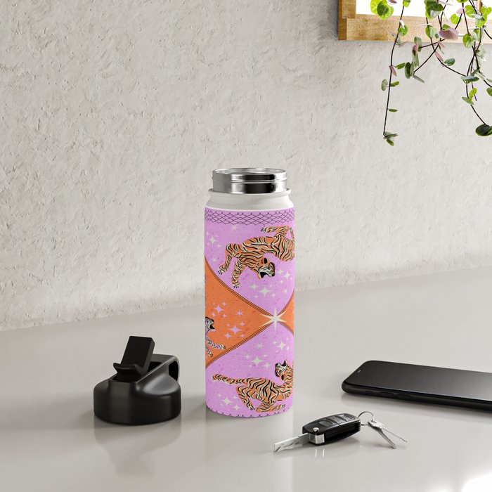 Retro vintage flying tiger geometric illustration in pink and orange background  Water Bottle Gallery Image 4