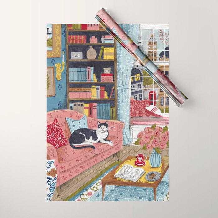 Cat on sofa in London pastel colours Wrapping Paper Gallery Image 1