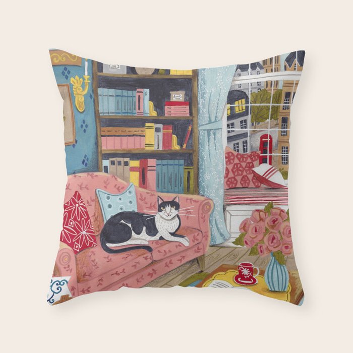 Cat on sofa in London pastel colours Throw Pillow Gallery Image 1