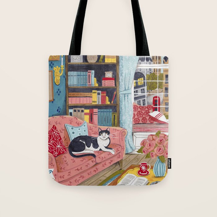 Cat on sofa in London pastel colours Tote Bag Gallery Image 1
