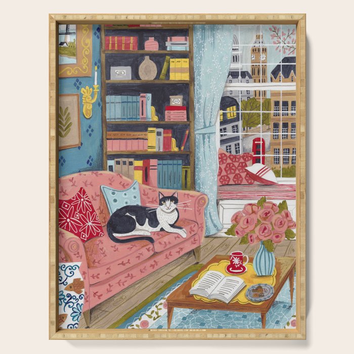 Cat on sofa in London pastel colours Serving Tray Gallery Image 1