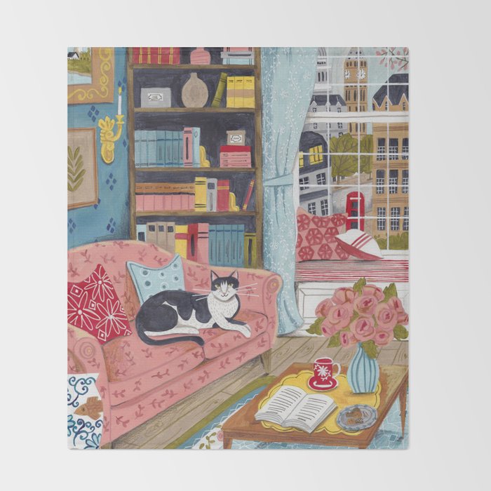 Cat on sofa in London pastel colours Throw Blanket Gallery Image 2