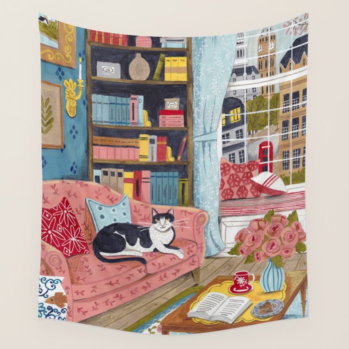 Cat on sofa in London pastel colours Wall Tapestry Gallery Image 1