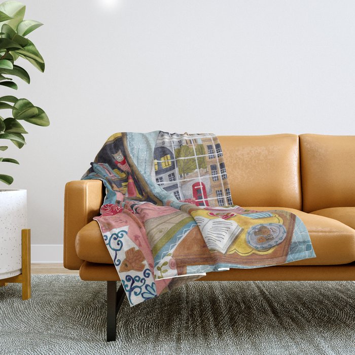 Cat on sofa in London pastel colours Throw Blanket Gallery Image 1
