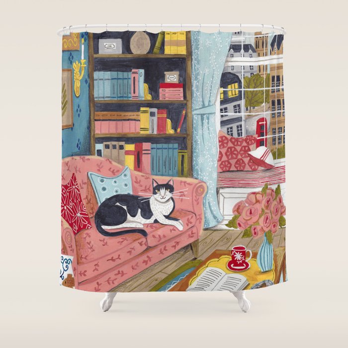 Cat on sofa in London pastel colours Shower Curtain Gallery Image 1