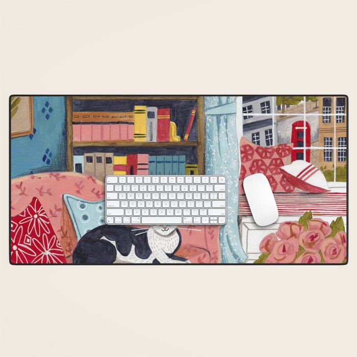 Cat on sofa in London pastel colours Desk Mat Gallery Image 1